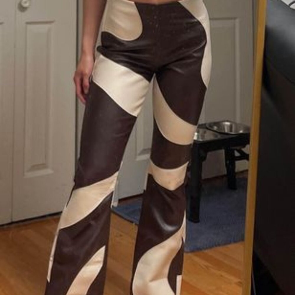 black & cream faux leather flare pants